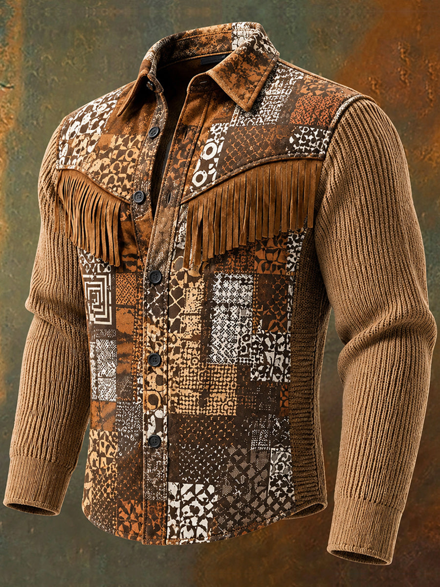 Men's Retro Style Art Print Western Vintage Tassel Casual Long Sleeve Shirt