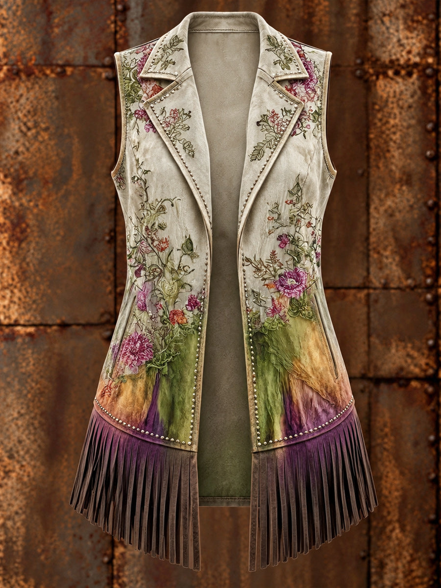 Women's Western Art Print Sleeveless Fringe Jacket