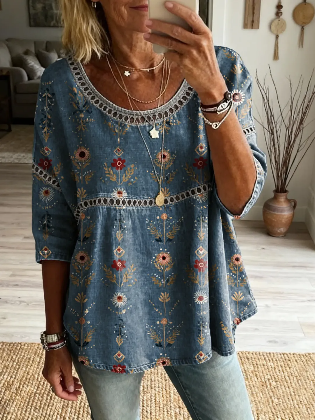 Vintage Art Print Casual 3/4 Sleeves Hollow Shirt