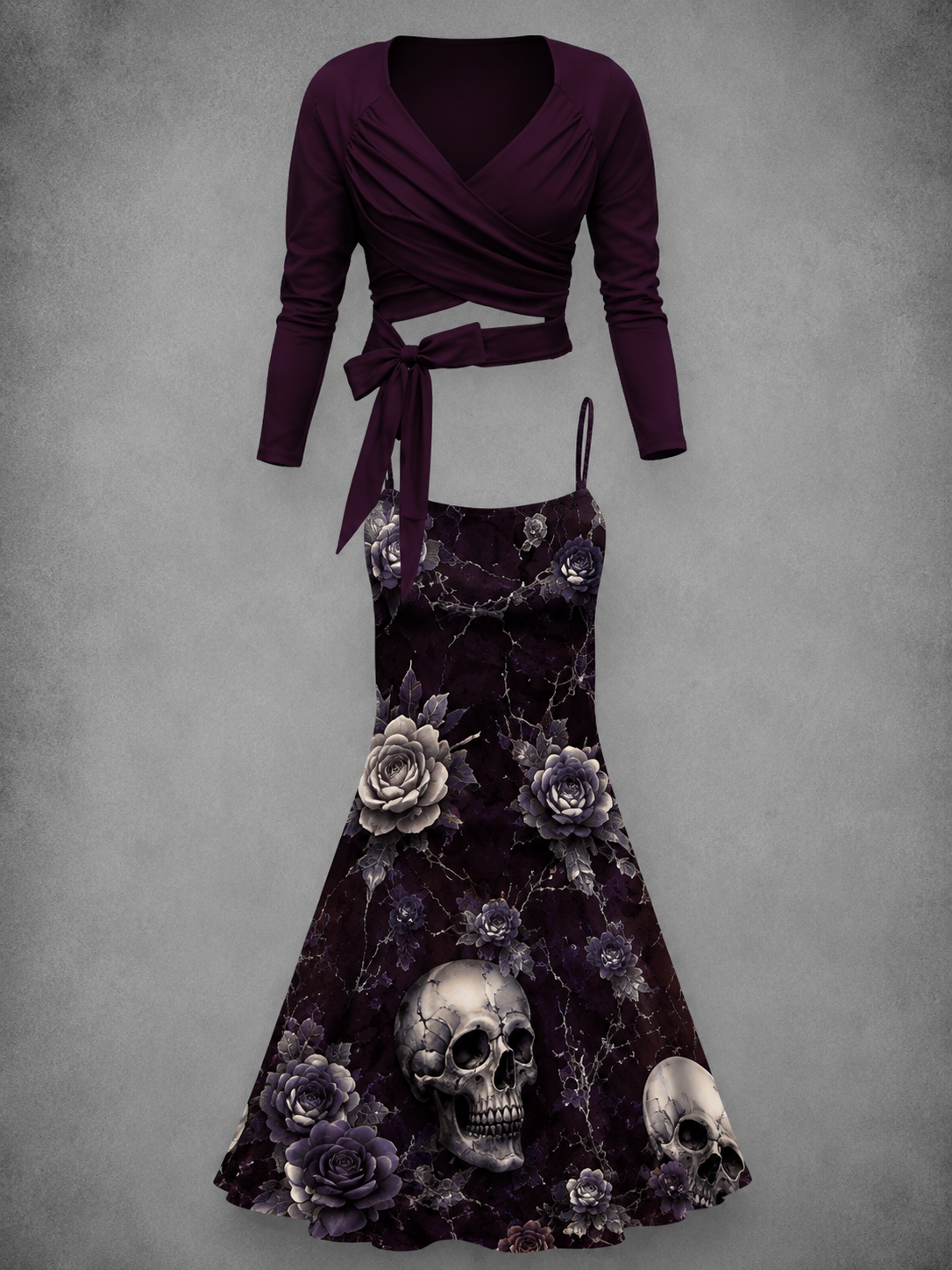 Gothic Art Printed Vintage V-Neck Two Piece Midi Dress