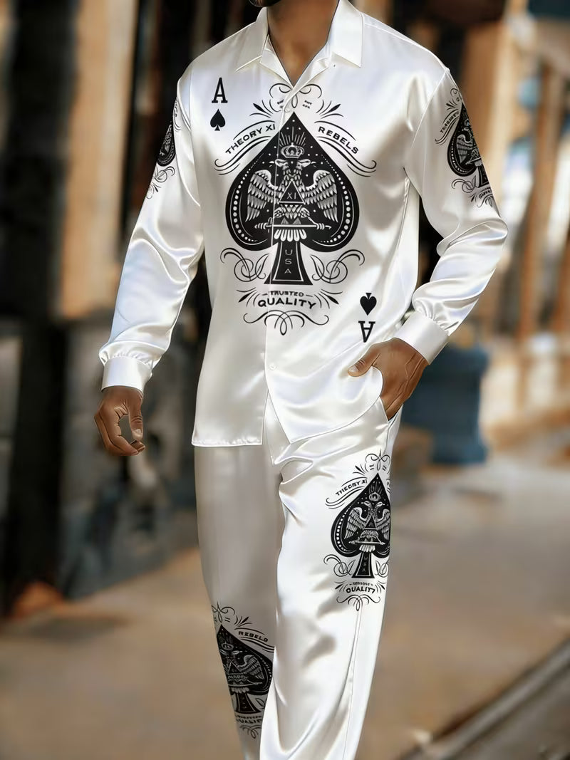 Men's Poker Card Art Print Casual Comfort Top And Pants Two-piece Set