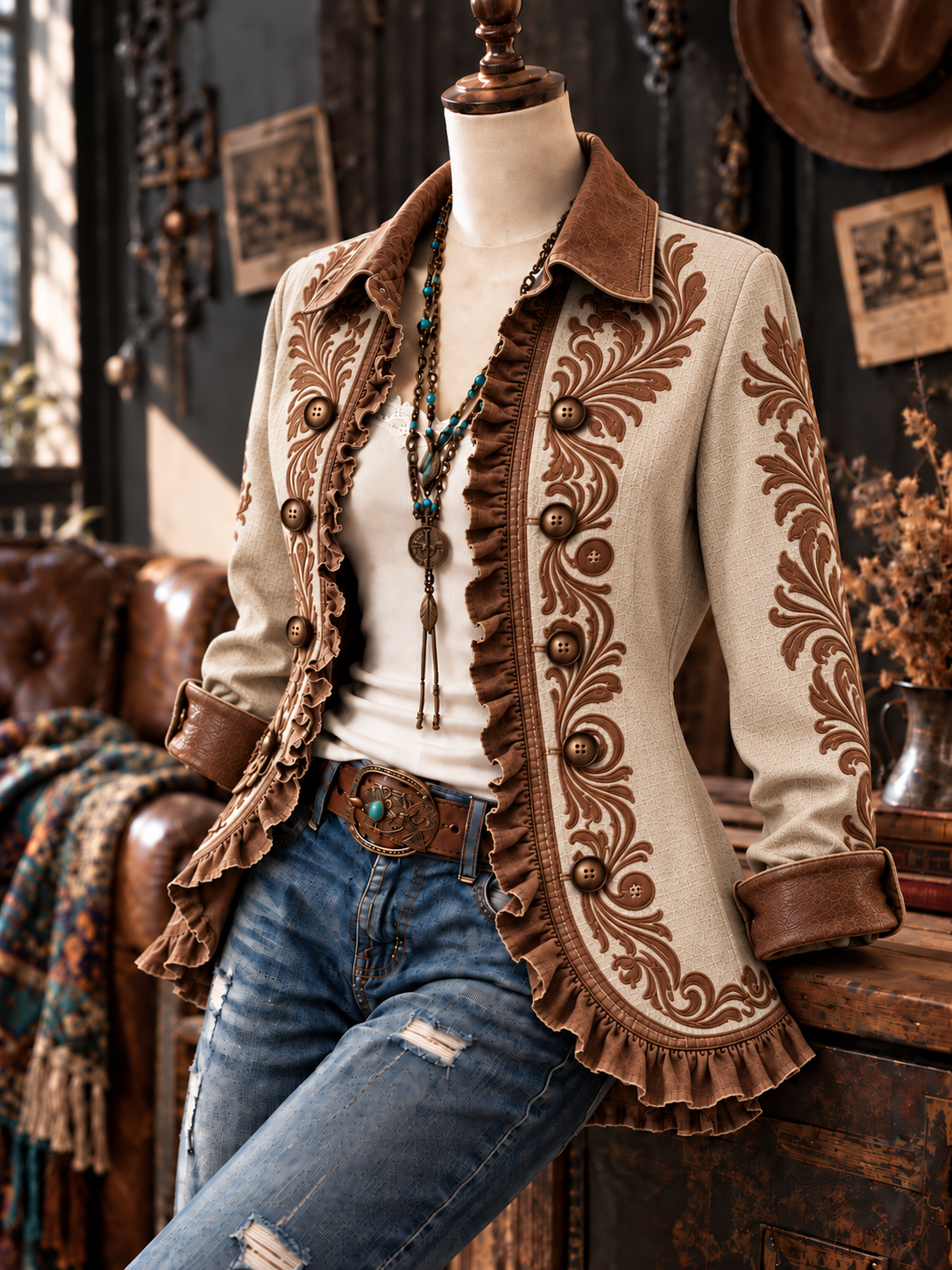 Women's Vintage Floral Art Print Casual Ruffled Shirt Jacket