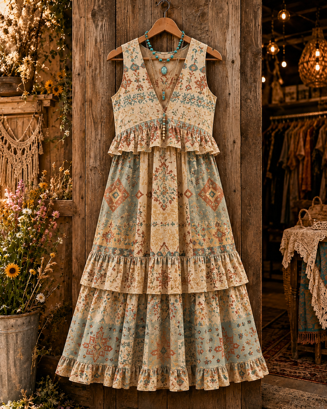 Floral Art Printed Vintage V-Neck Sleeveless Midi Dress