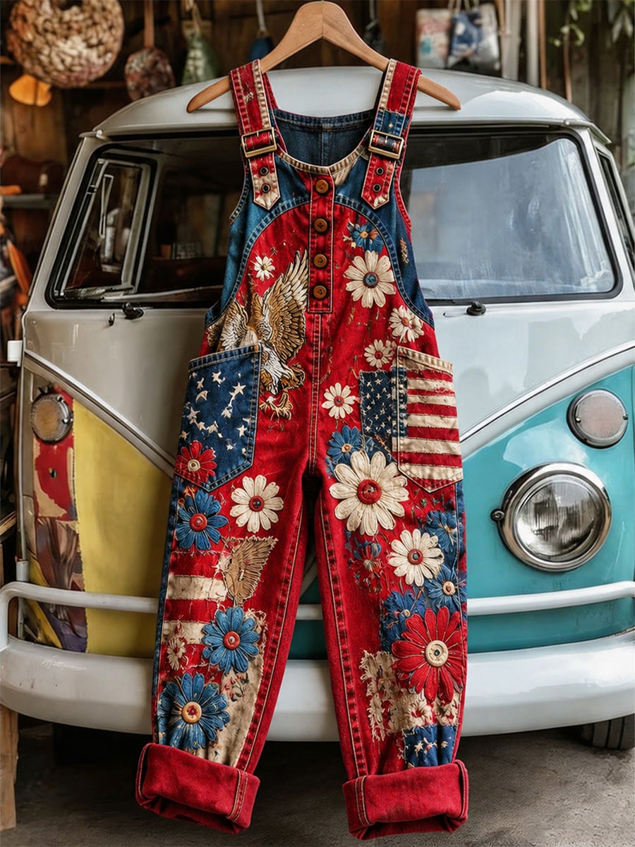 Women's Retro Style Art Print Washed Cotton Denim Patchwork Jumpsuit