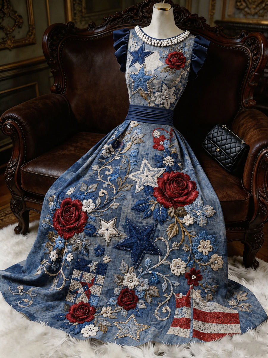 Retro Floral Art Printed Elegant V-Neck Ruffled Sleeves Maxi Dress