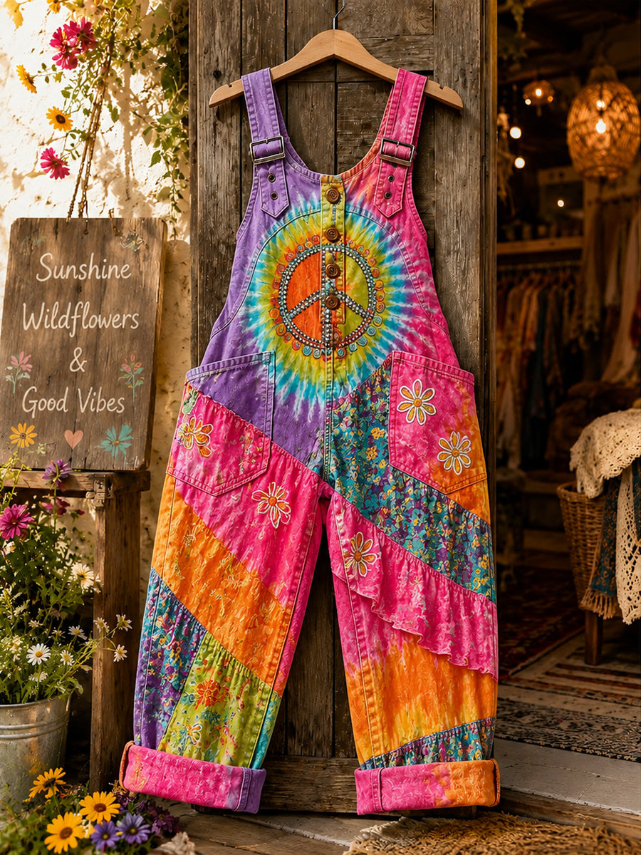 Women's Retro Style Art Print Washed Cotton Denim Patchwork Jumpsuit