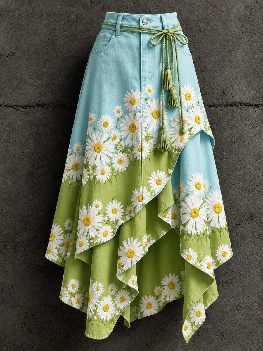 Women's Retro Style Art Print Irregularly Layered Stitched Skirt