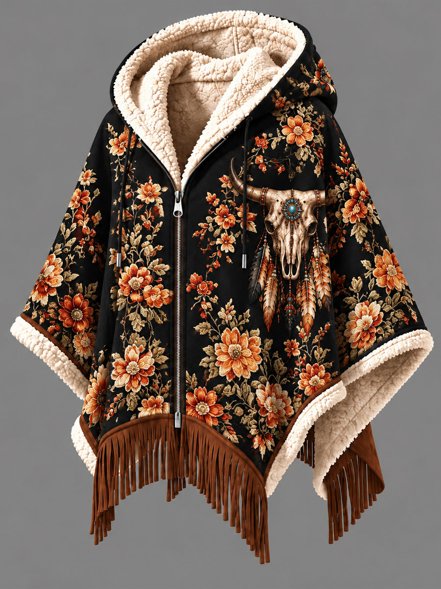 Women's Fall Winter Vintage Art Fleece-Lined Hooded Fringe Poncho