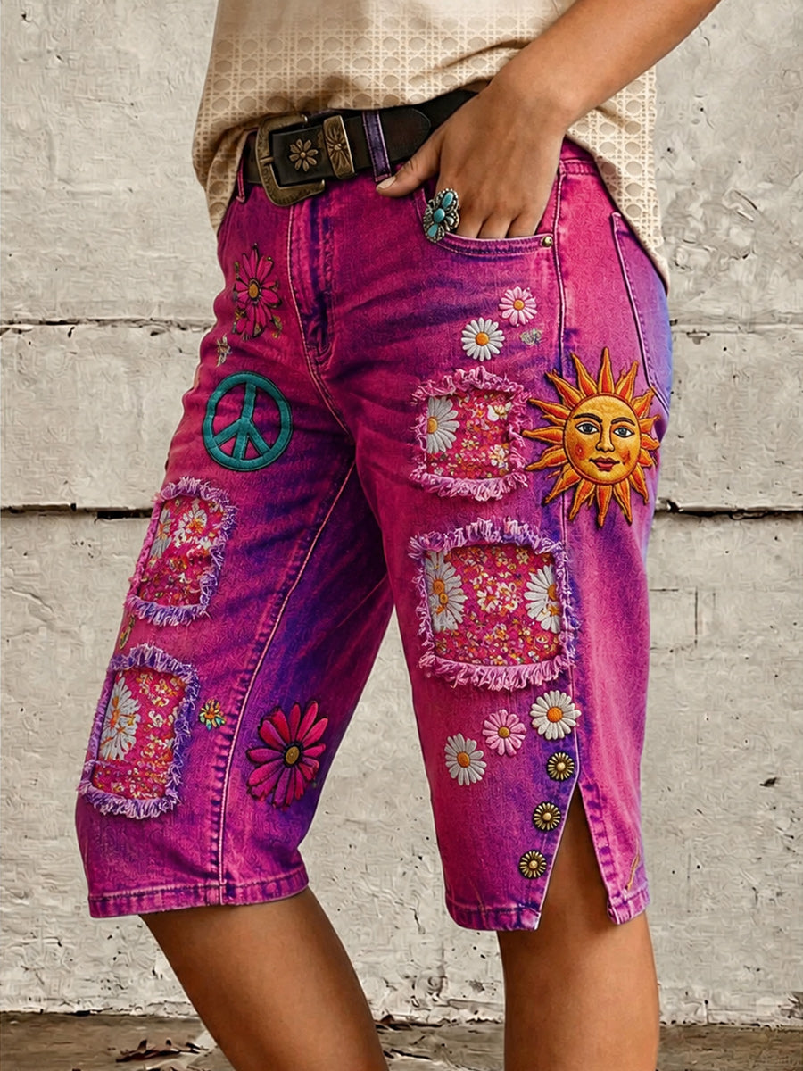 Retro Style Floral Art Print Vintage Casual Denim Shorts