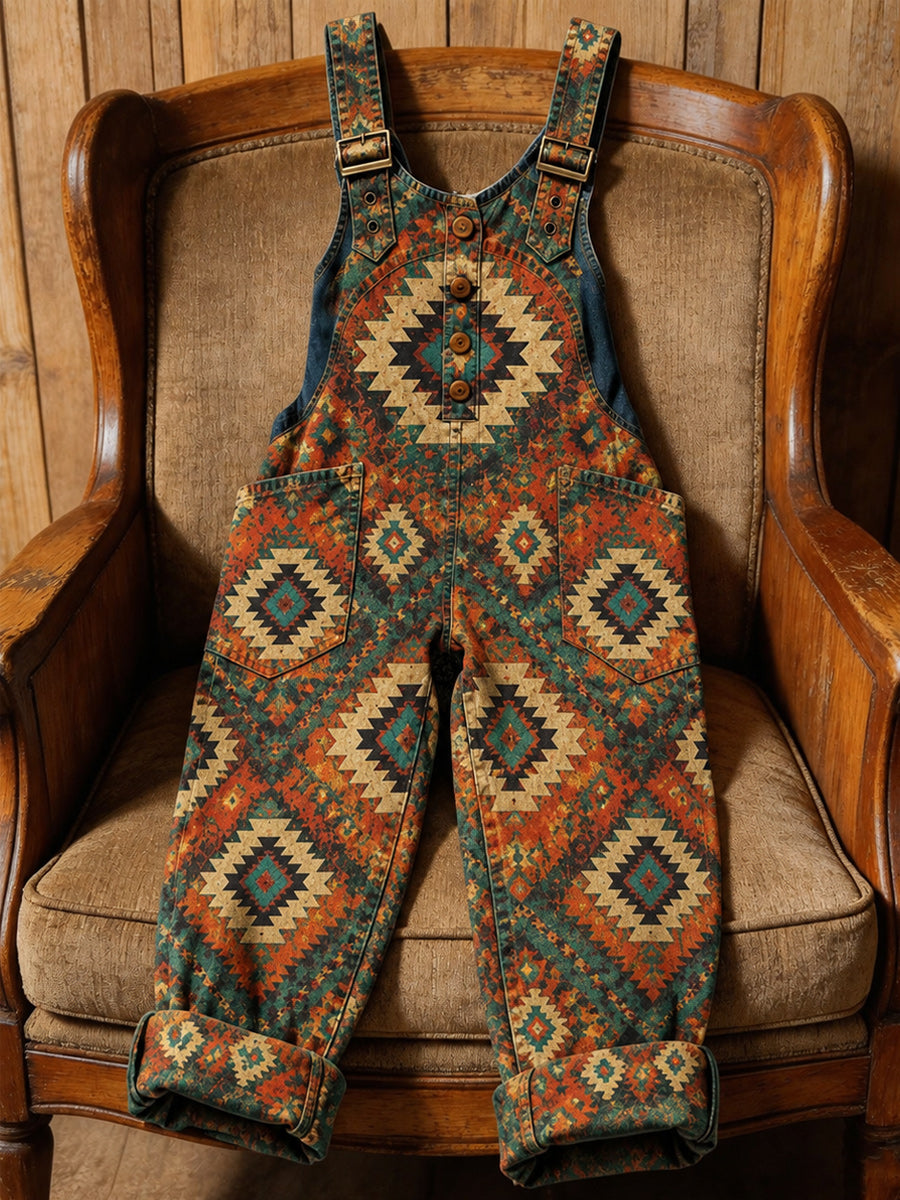 Women's Retro Style Art Print Washed Cotton Denim Patchwork Jumpsuit
