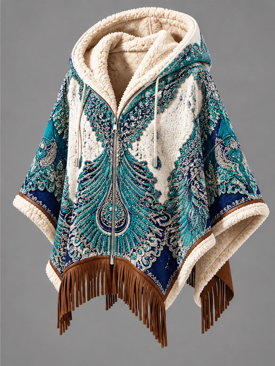 Women's Fall Winter Vintage Art Fleece-Lined Hooded Fringe Poncho