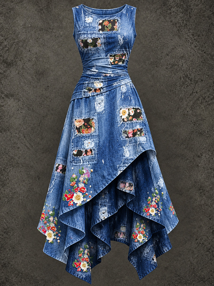 Retro Art Printed Vintage Sleeveless Irregularly Layered Stitched Midi Dress