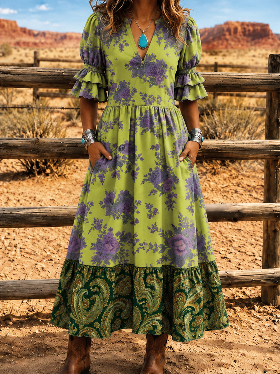 Women's Retro Art Print Washed Cotton Lace Patchwork Midi Dress