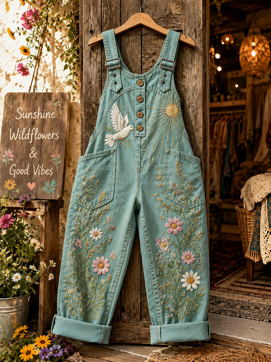 Women's Retro Style Art Print Washed Cotton Denim Patchwork Jumpsuit