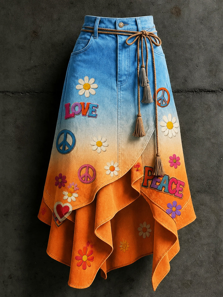 Women's Retro Style Art Print Irregularly Layered Stitched Skirt