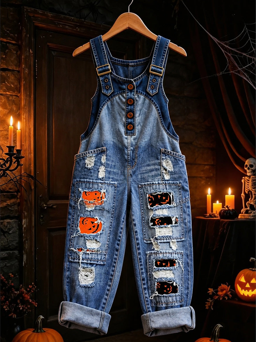 Women's Retro Style Art Print Washed Cotton Denim Patchwork Jumpsuit