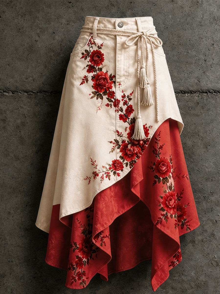 Women's Retro Style Art Print Irregularly Layered Stitched Skirt