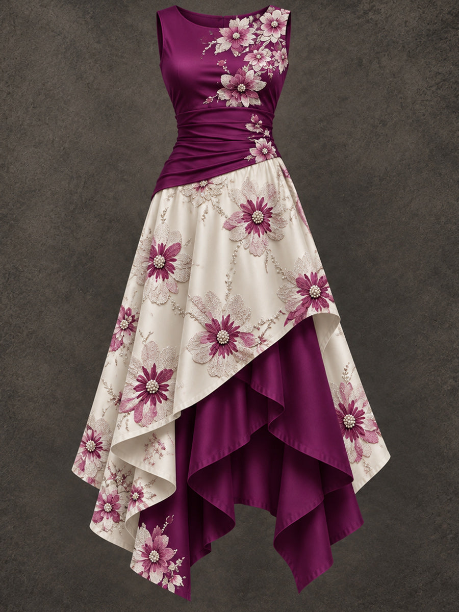 Retro Art Printed Vintage Sleeveless Irregularly Layered Stitched Midi Dress
