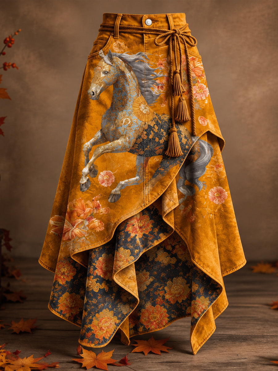 Women's Retro Style Art Print Irregularly Layered Stitched Skirt