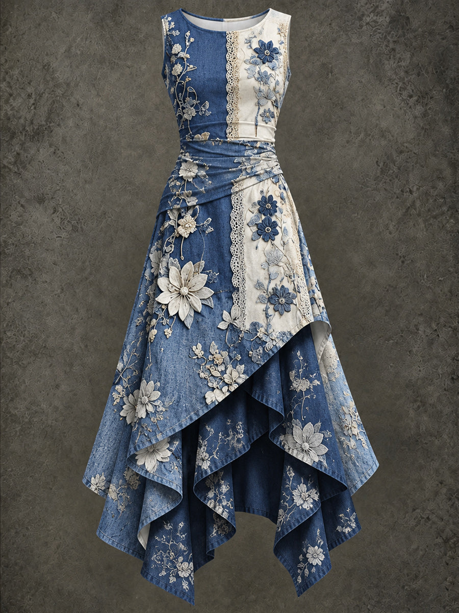 Retro Art Printed Vintage Sleeveless Irregularly Layered Stitched Midi Dress
