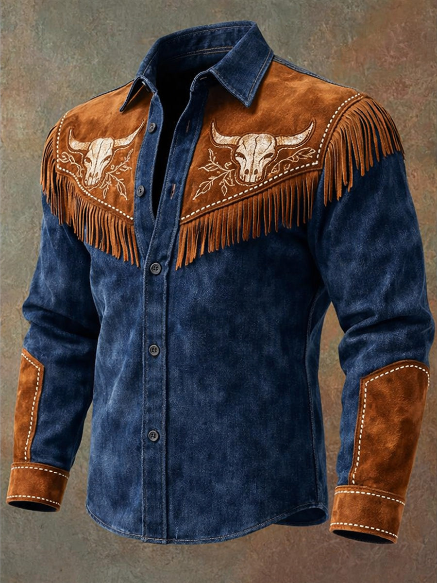 Men's Retro Western Style Art Print Vintage Tassel Casual Long Sleeve Shirt
