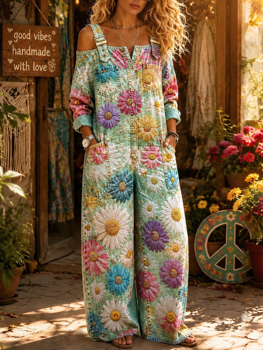 Women's Retro Style Art Print Washed Cotton Denim Off-The-Shoulder Jumpsuit