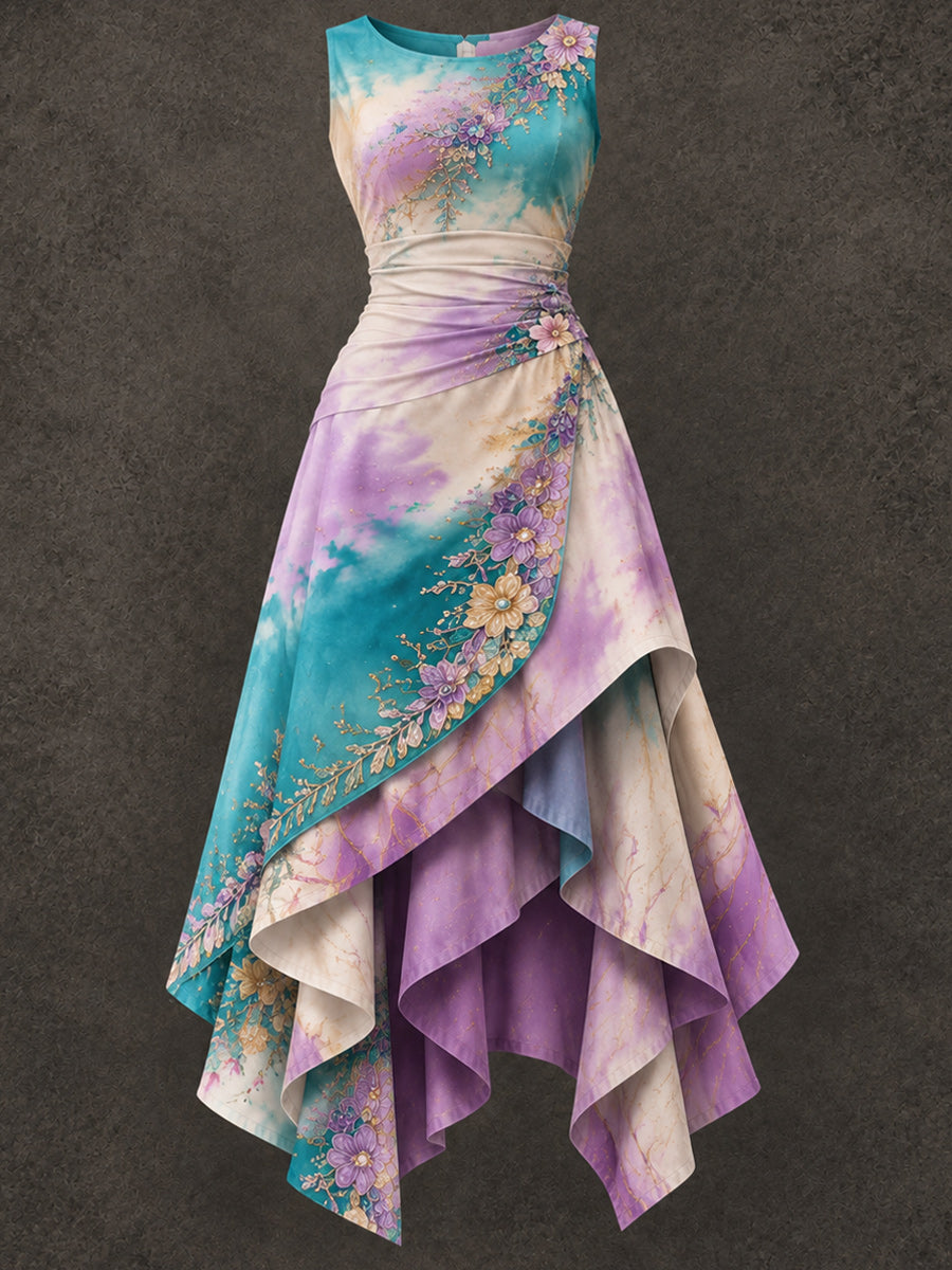 Retro Art Printed Vintage Sleeveless Irregularly Layered Stitched Midi Dress