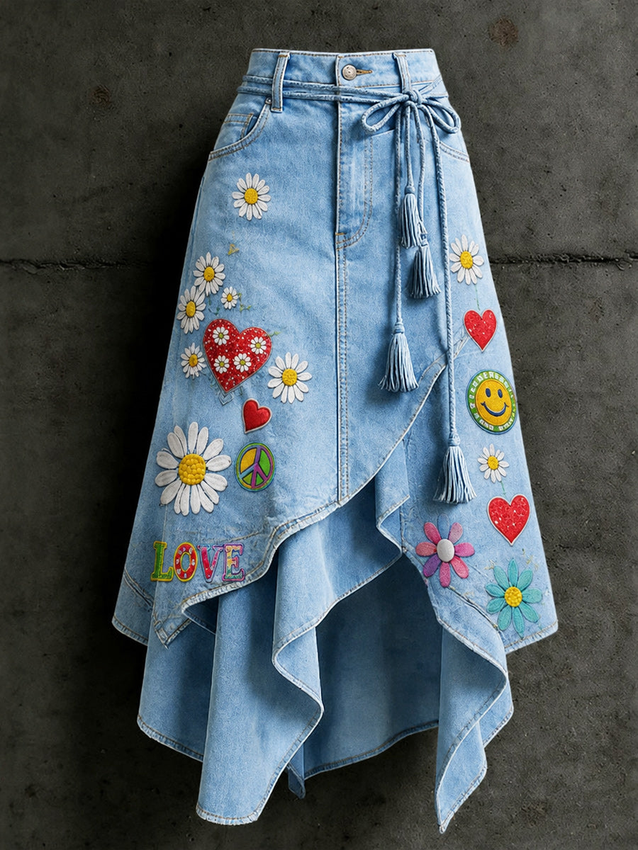 Women's Retro Style Art Print Irregularly Layered Stitched Skirt