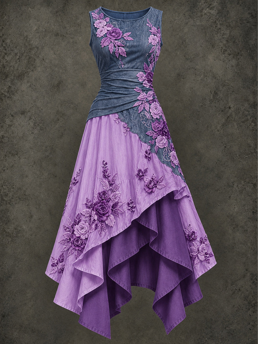 Retro Art Printed Vintage Sleeveless Irregularly Layered Stitched Midi Dress