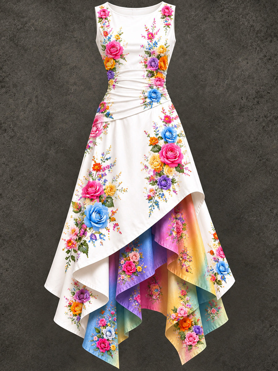 Retro Art Printed Vintage Sleeveless Irregularly Layered Stitched Midi Dress