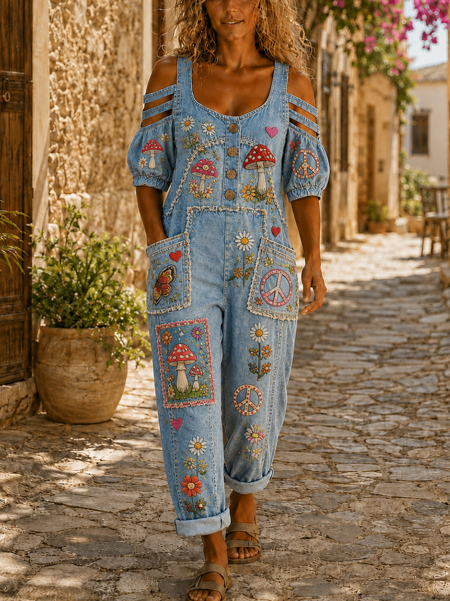 Women's Casual Short Sleeve Denim Patchwork Jumpsuit