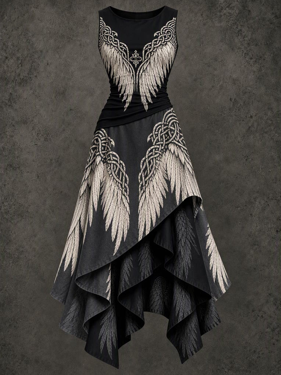 Retro Art Printed Vintage Sleeveless Irregularly Layered Stitched Midi Dress