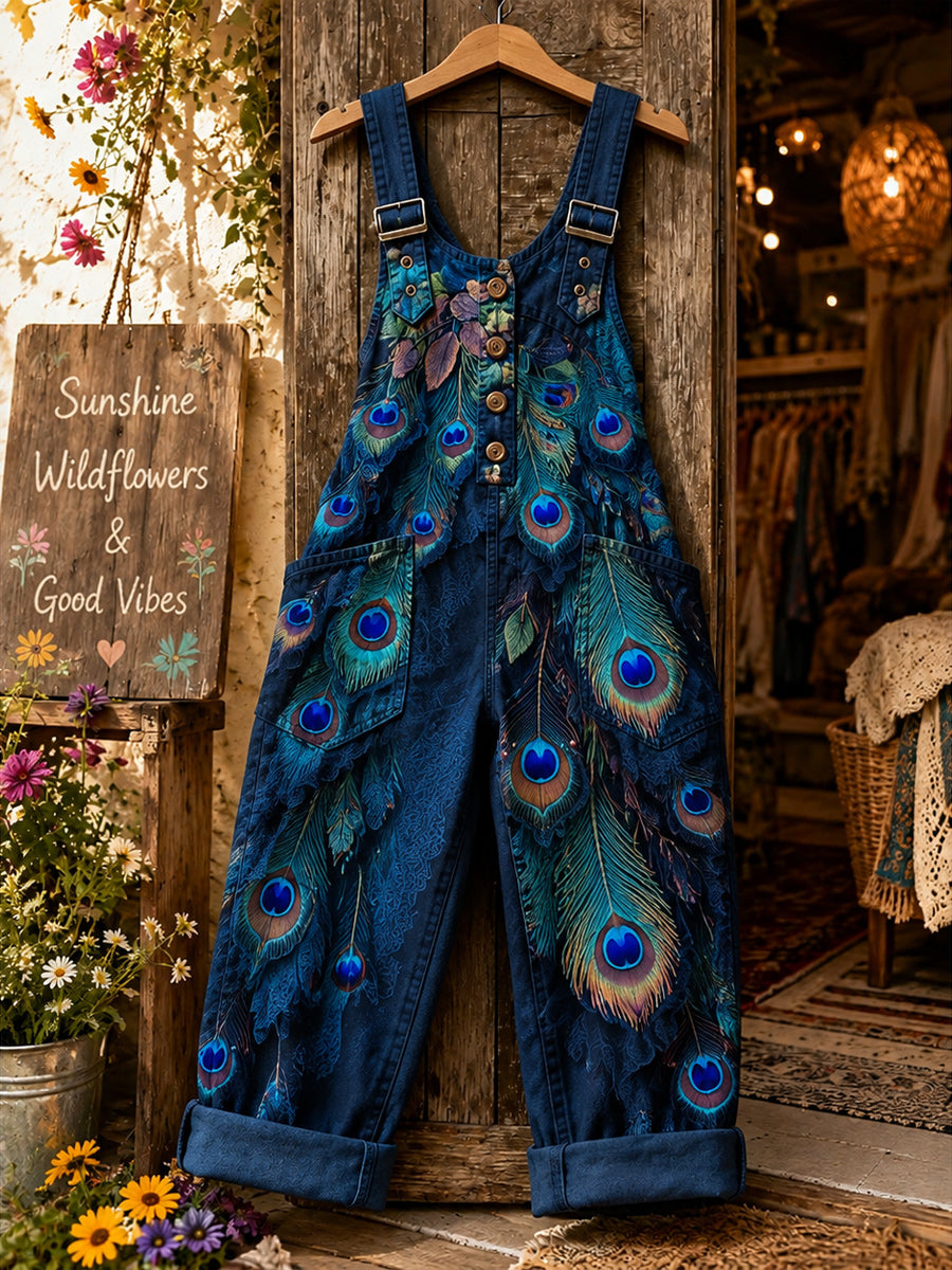 Women's Retro Style Art Print Washed Cotton Denim Patchwork Jumpsuit