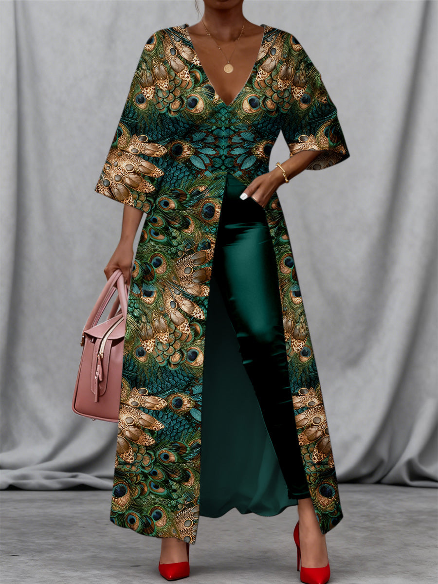Retro Boho Floral Art Print Vintage Long Split Shirts Dress Skinny Pants Two-Piece Set
