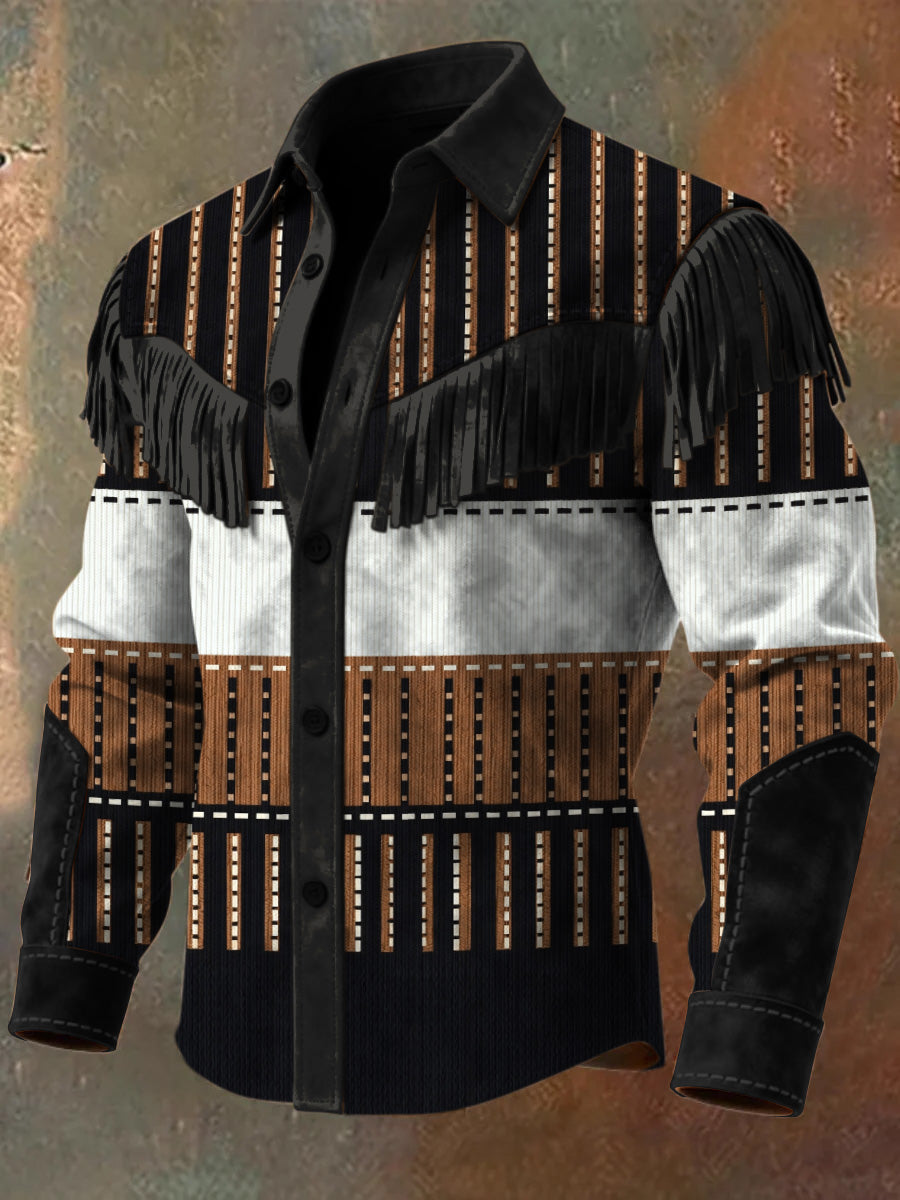 Men's Retro Western Style Art Print Vintage Tassel Casual Long Sleeve Shirt