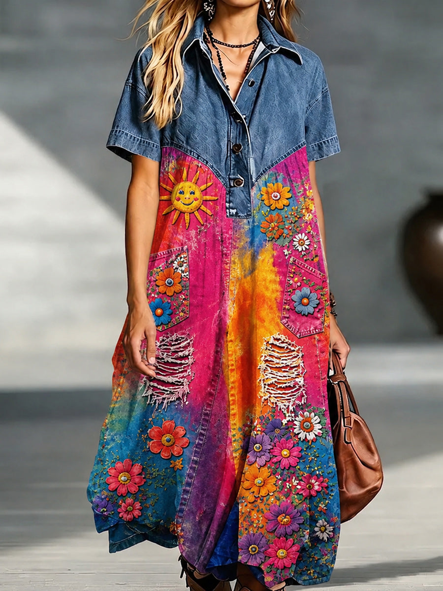 Denim Spliced Gradient Floral Shirt Maxi Dress
