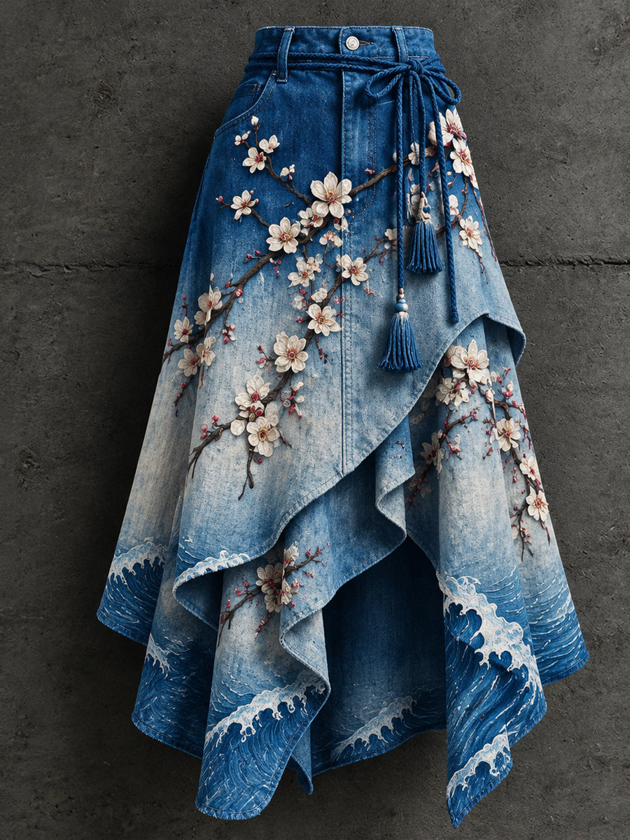 Women's Retro Style Art Print Irregularly Layered Stitched Skirt