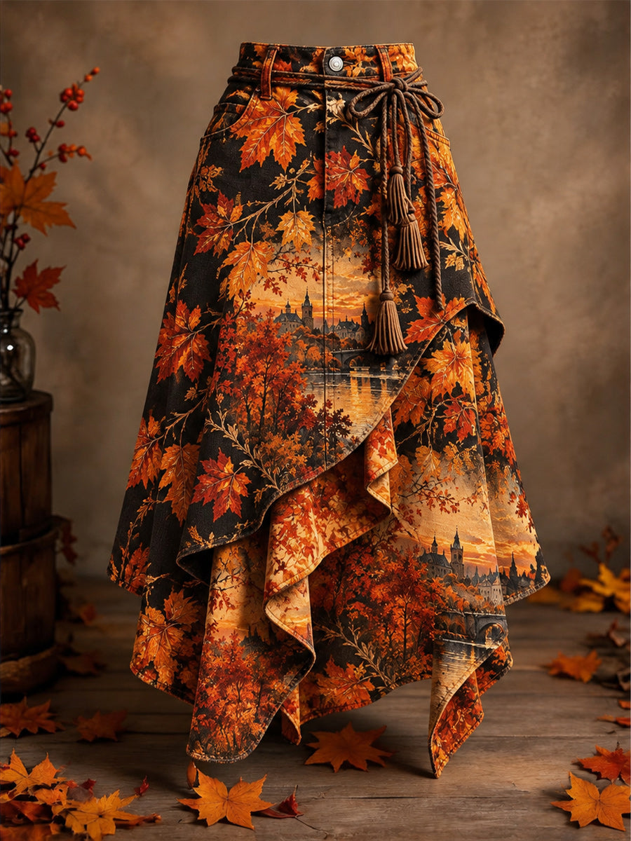 Women's Retro Style Art Print Irregularly Layered Stitched Skirt