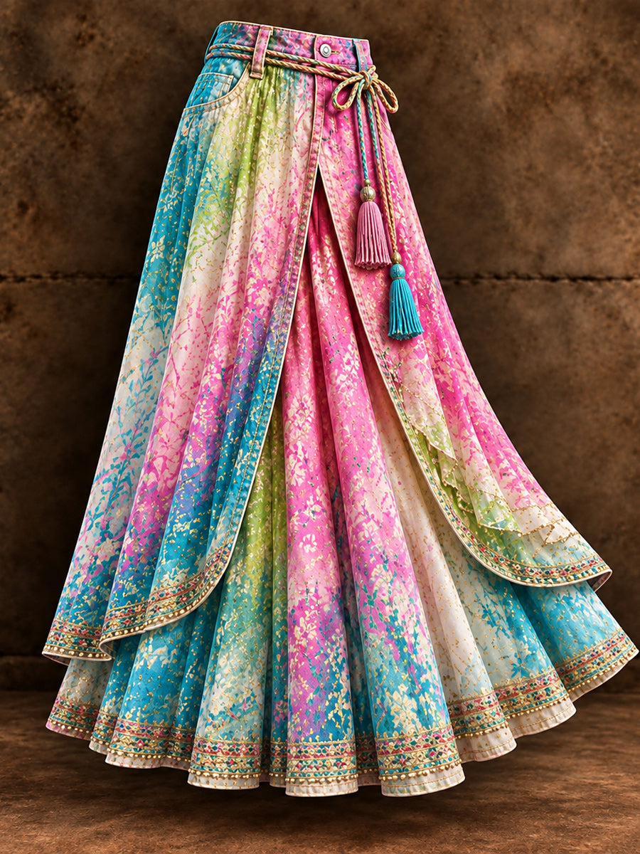 Women's Vintage Floral Asymmetrical Midi Skirt