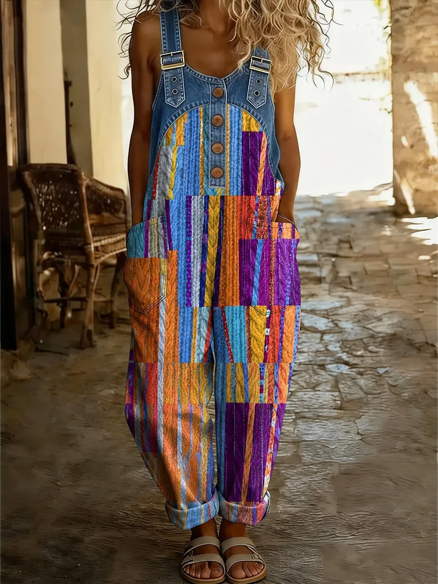 Women's Retro Style Art Print Washed Cotton Denim Patchwork Jumpsuit