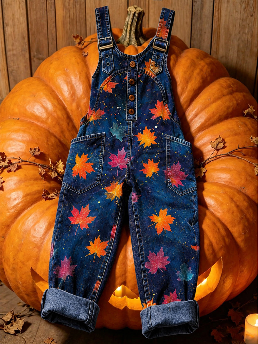 Women's Retro Autumn Style Art Print Washed Cotton Denim Patchwork Jumpsuit