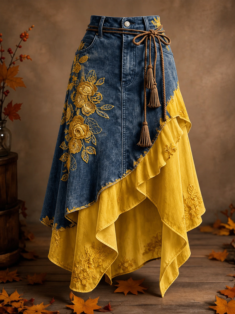 Women's Retro Style Art Print Irregularly Layered Stitched Skirt