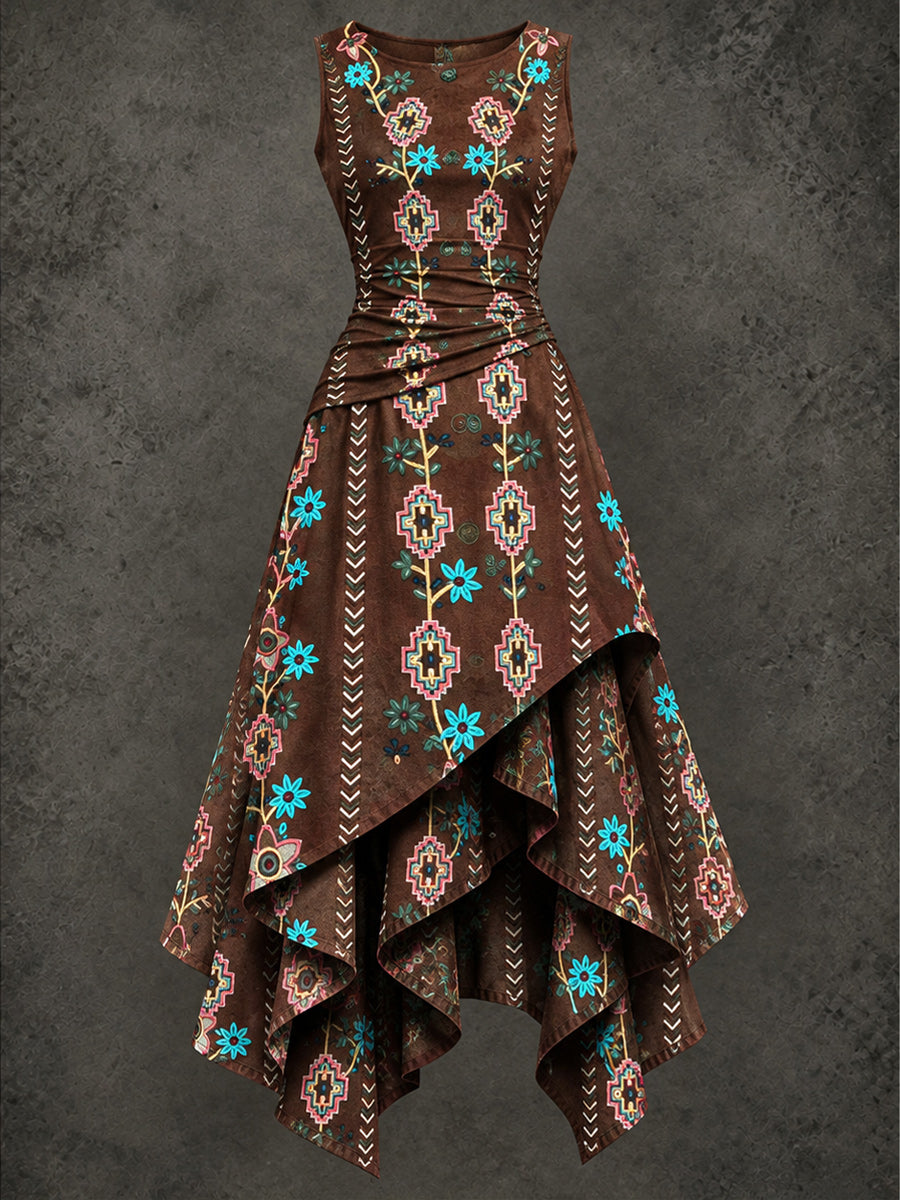 Retro Art Printed Vintage Sleeveless Irregularly Layered Stitched Midi Dress
