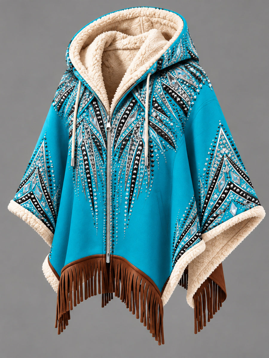 Women's Fall Winter Vintage Art Fleece-Lined Hooded Fringe Poncho