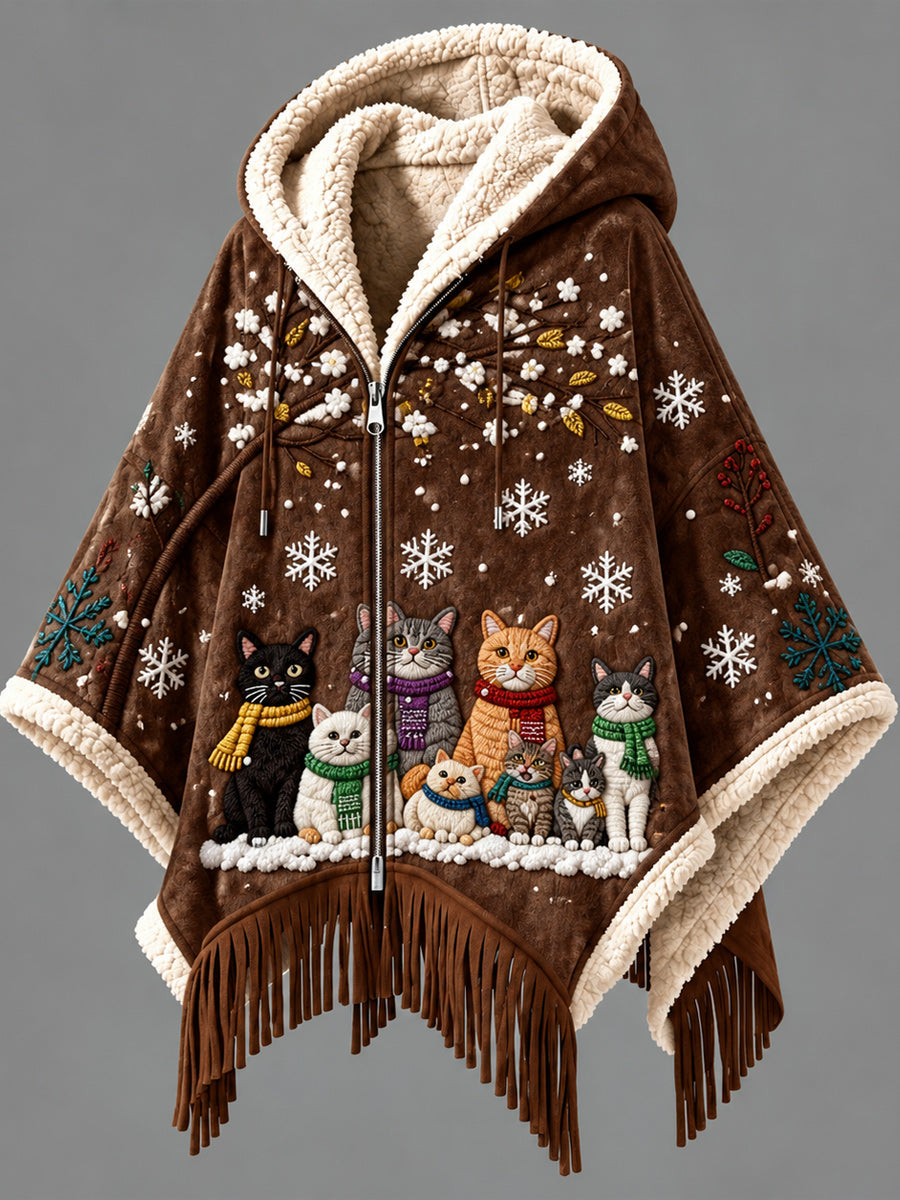 Women's Fall Winter Vintage Art Fleece-Lined Hooded Fringe Poncho