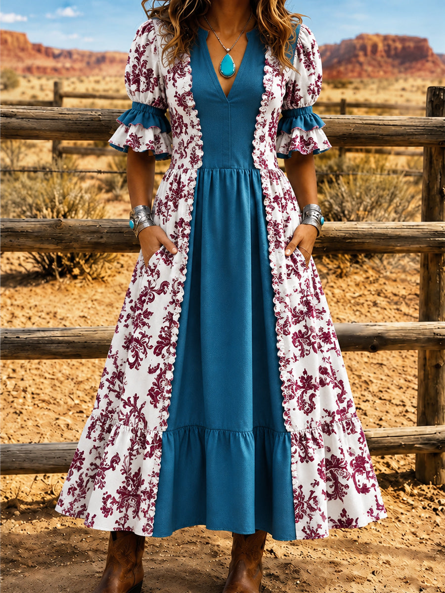 Women's Retro Art Print Washed Cotton Lace Patchwork Midi Dress