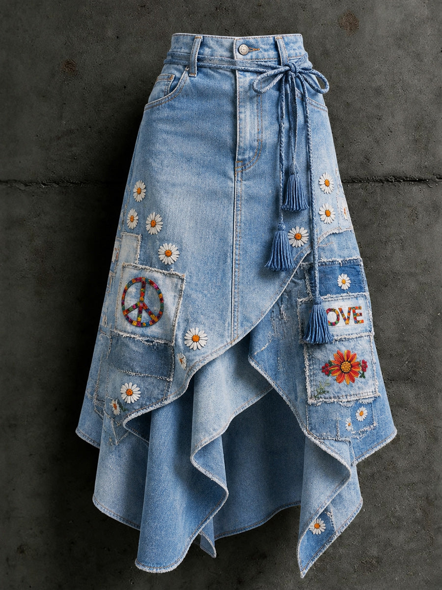 Women's Retro Style Art Print Irregularly Layered Stitched Skirt