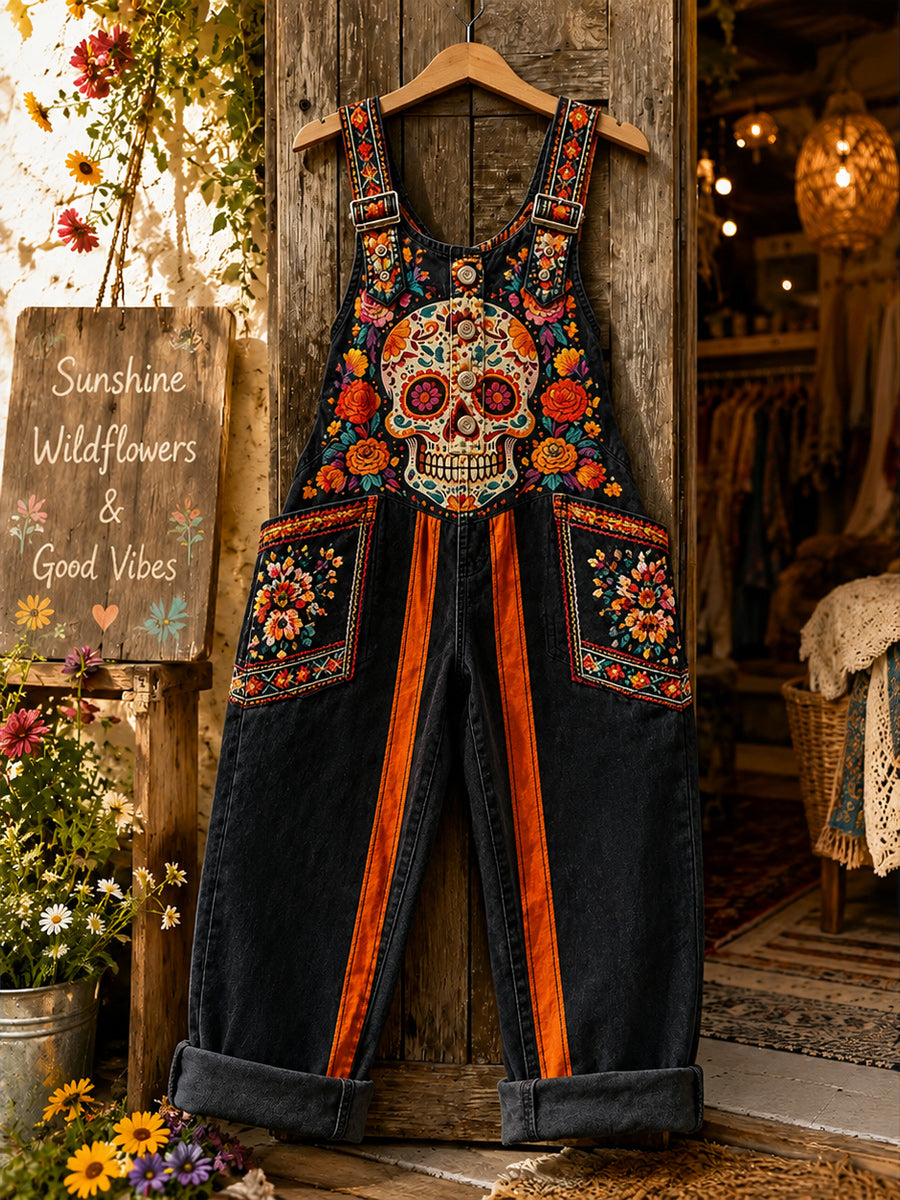 Women's Retro Style Art Print Washed Cotton Denim Patchwork Jumpsuit