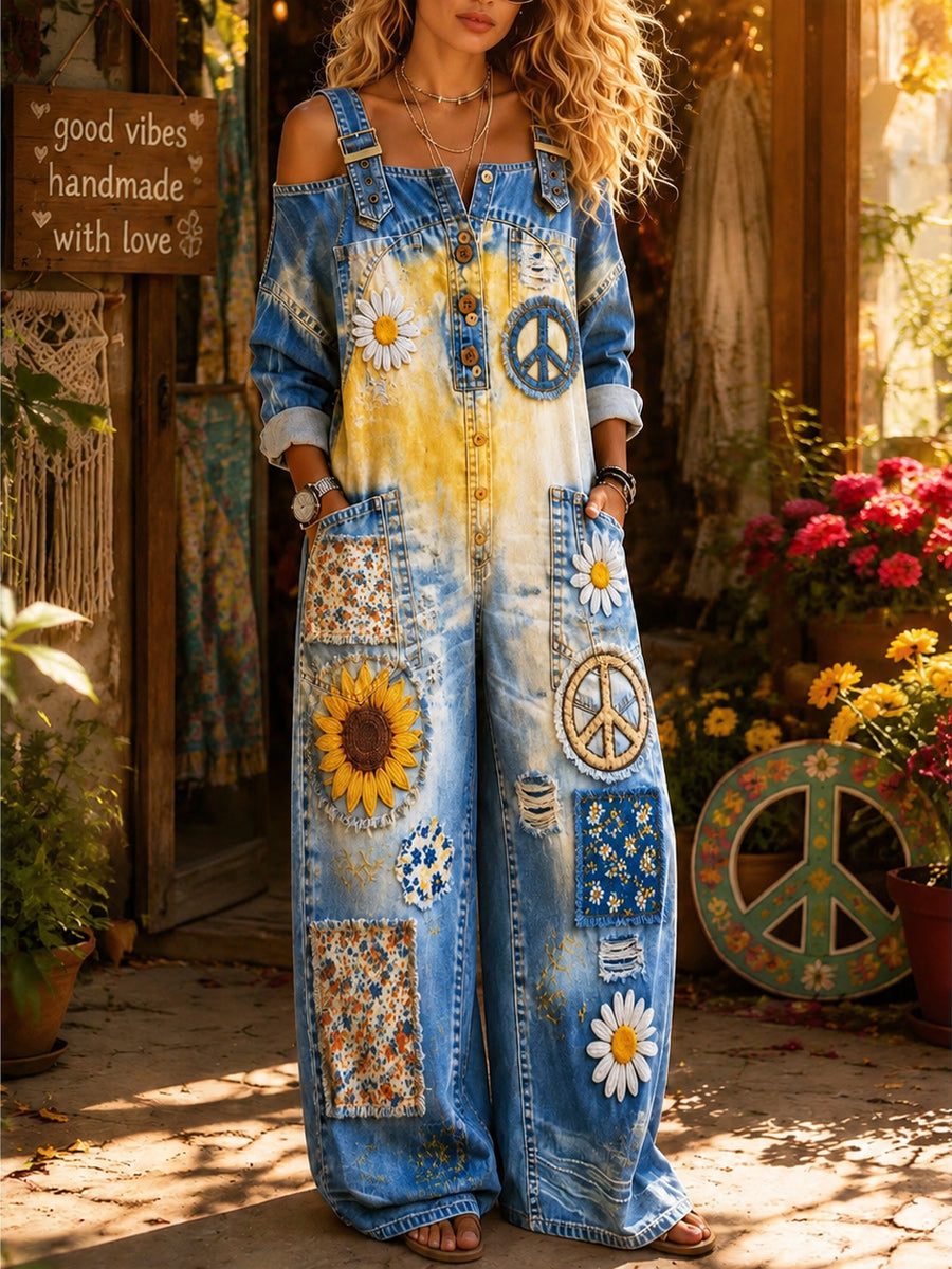 Women's Retro Style Art Print Washed Cotton Denim Off-The-Shoulder Jumpsuit