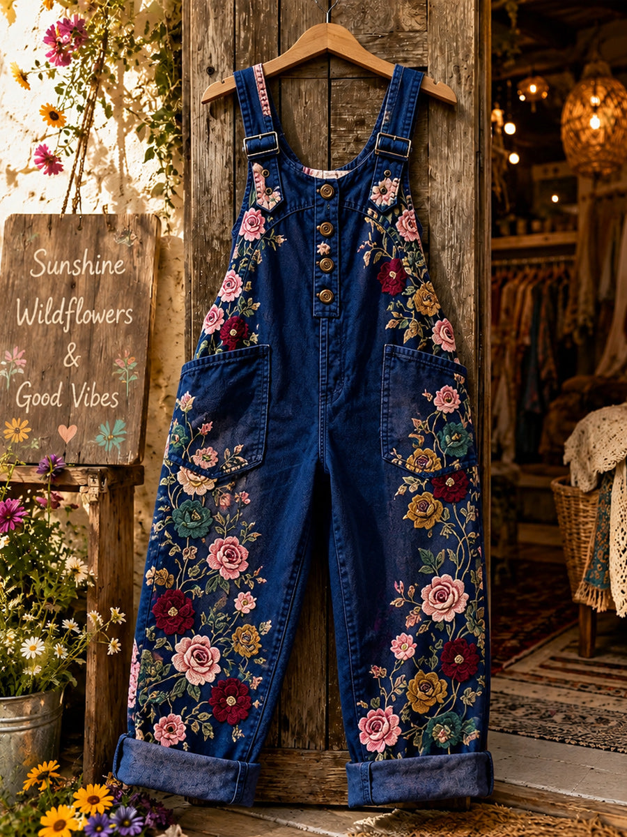 Women's Retro Style Art Print Washed Cotton Denim Patchwork Jumpsuit